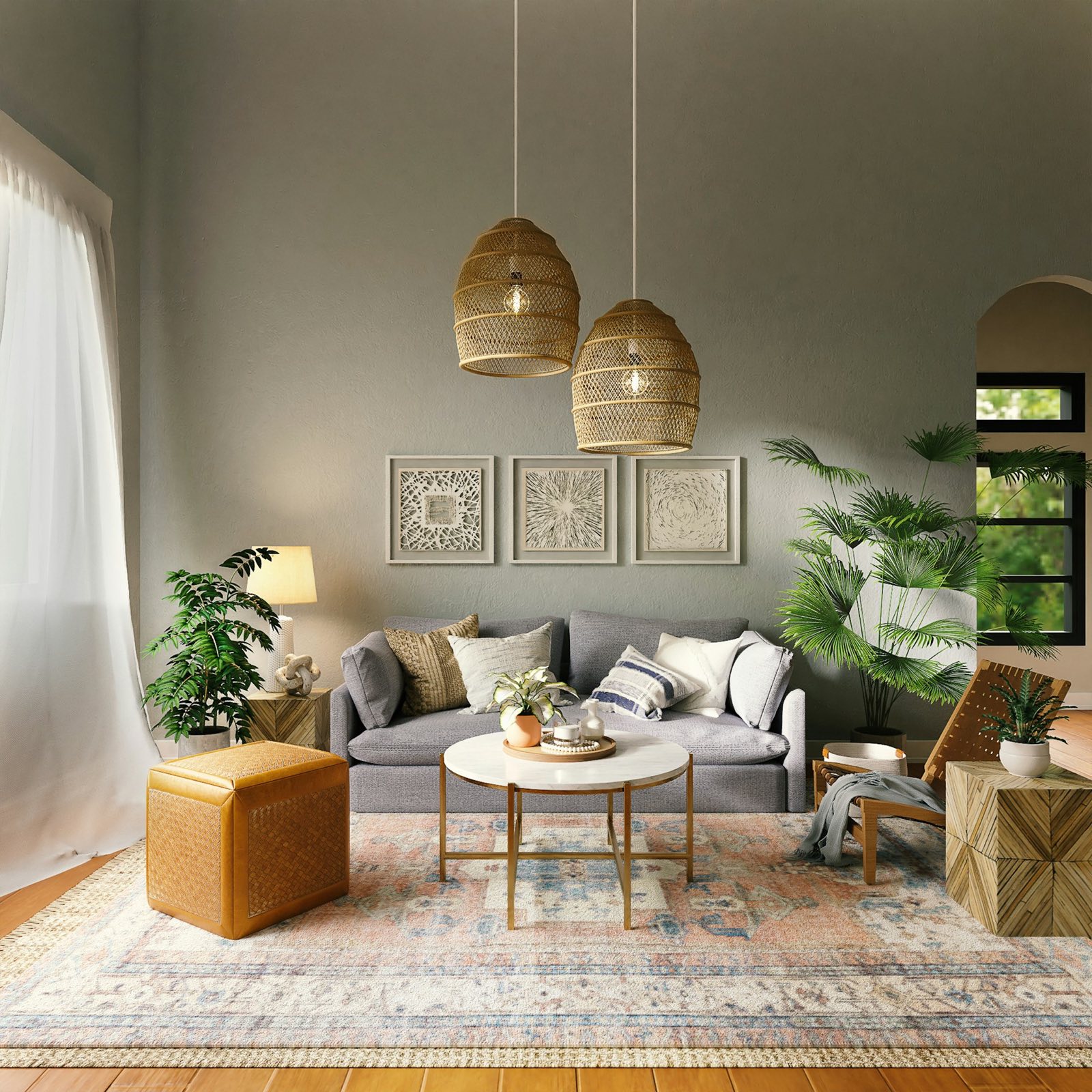 Warm living room with woven pendant lamps, plants and an arched doorway in soft natural light