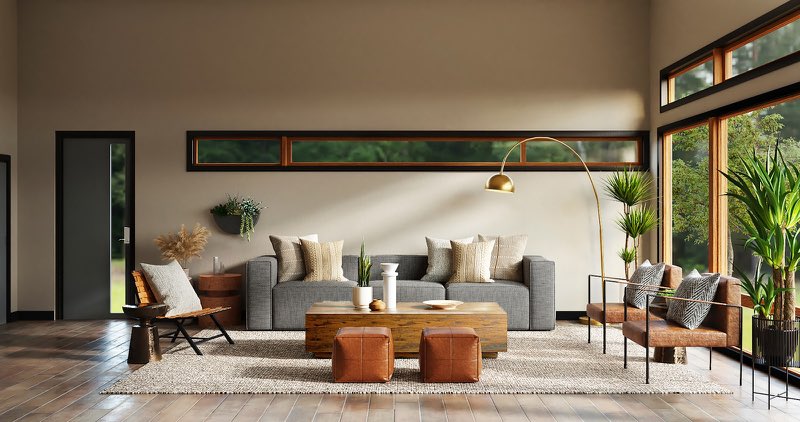 Living room with leather ottomans, wood, stone floor and plants